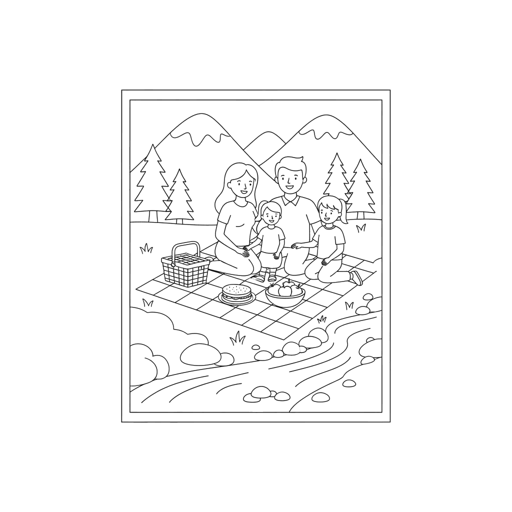 Dibujo para Colorear: Picnic Familiar junto a un Arroyo de Montaña