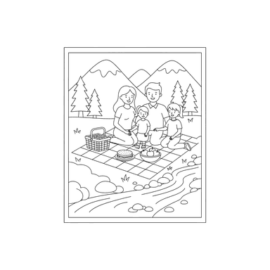 Coloriage: Pique-nique en famille au bord d'un ruisseau de montagne