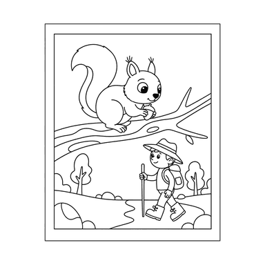 Curious Squirrel and Hiker Coloring Page