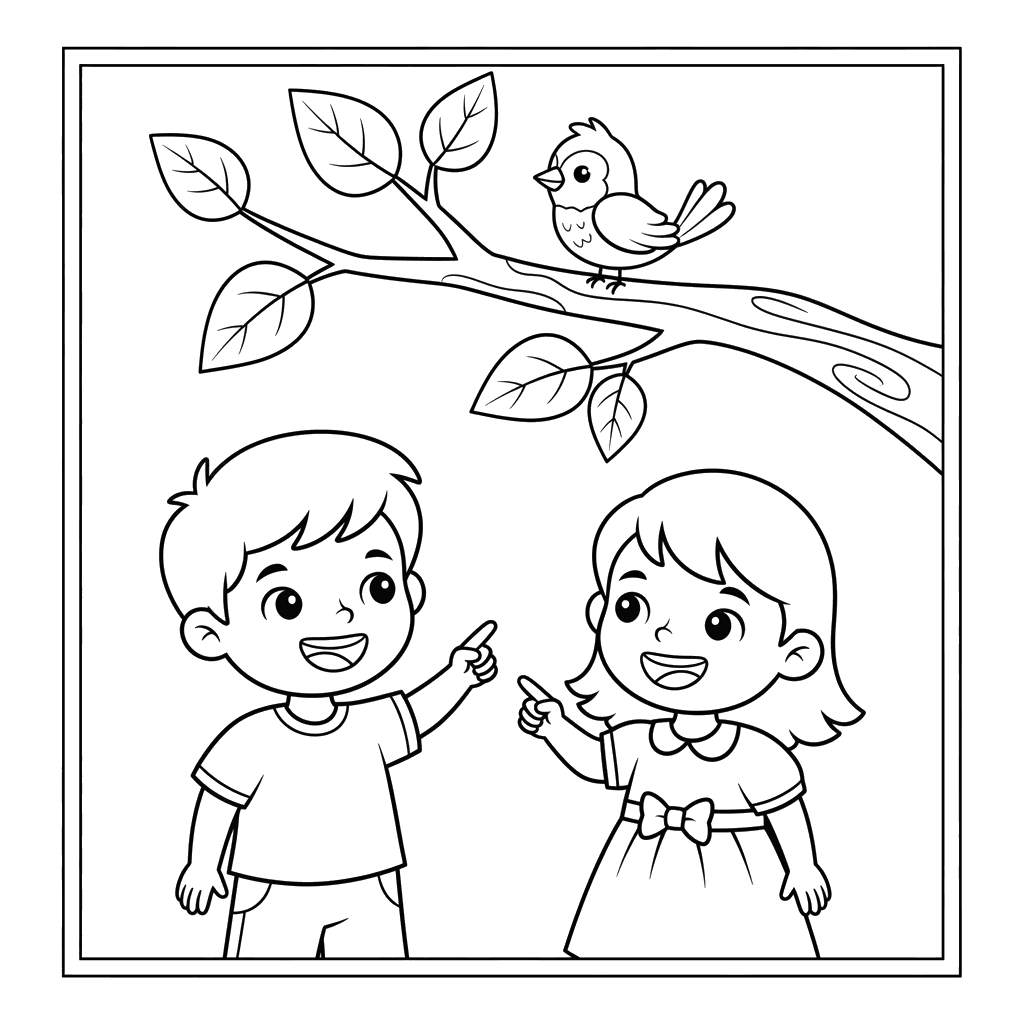 Dibujo para Colorear: Niños Observando un Pájaro Colorido