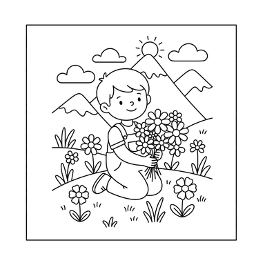 Child Collecting Wildflowers Coloring Page