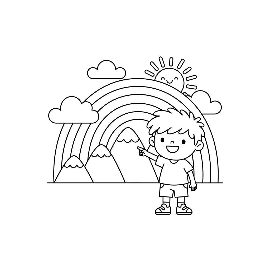 Dibujo para Colorear Niño Señalando un Arcoíris sobre las Montañas