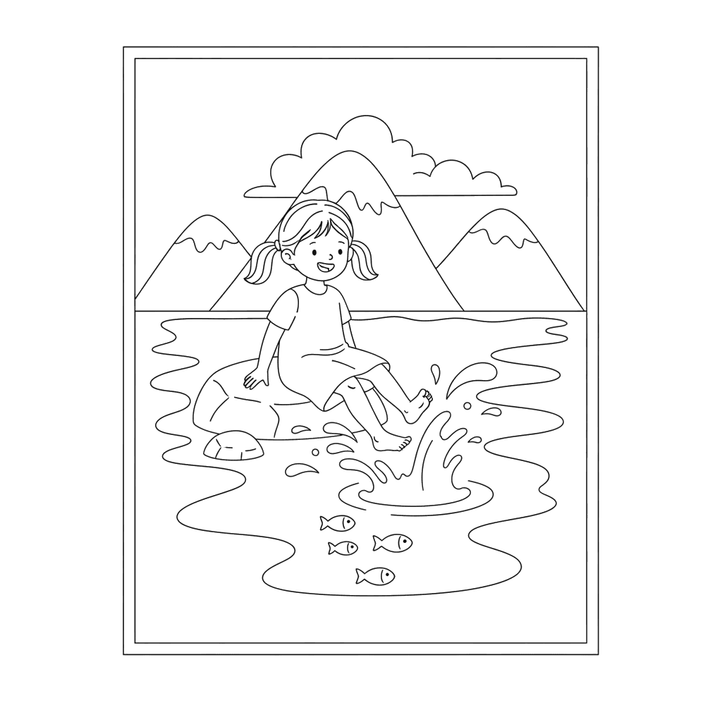 Dibujo para Colorear Niña Salpicando en Lago de Montaña