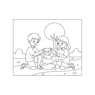 Children Building a Rock Cairn Coloring Page