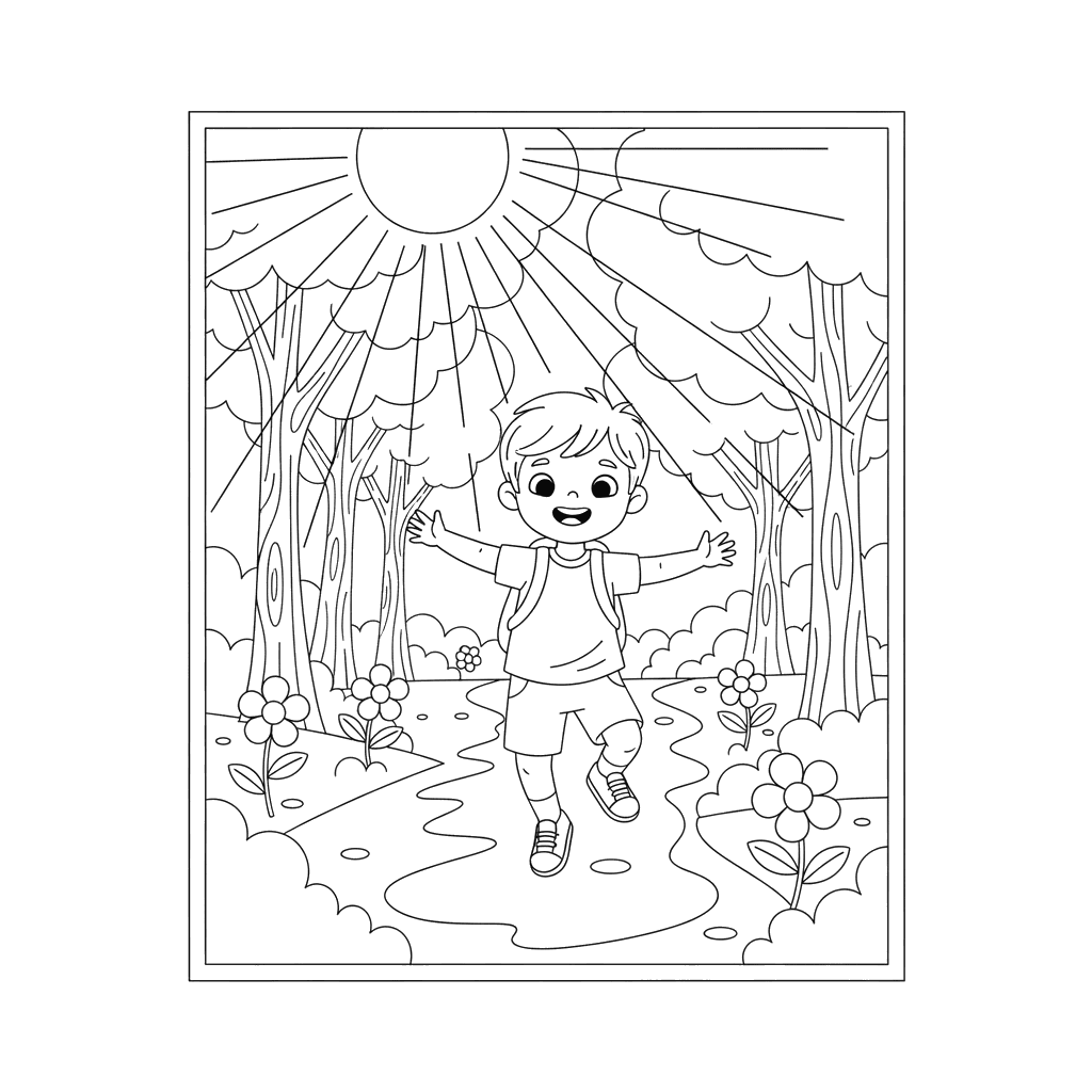 Dibujo para colorear: Niño saltando en un sendero soleado del bosque