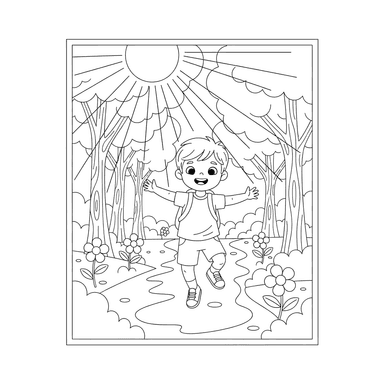 Child Skipping on a Sunny Forest Path Coloring Page