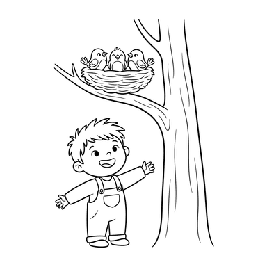 Coloriage Enfant et Nid d'Oiseau