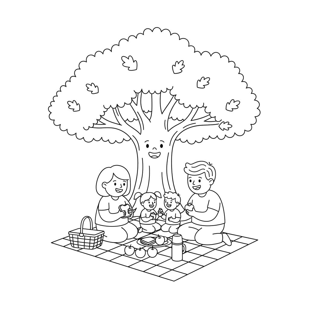 Dibujo para Colorear "Picnic Familiar bajo Roble"
