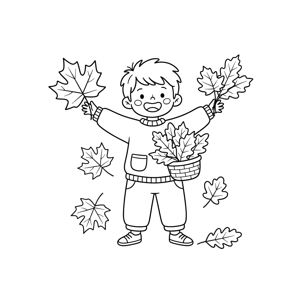 Dibujo para colorear "Niño recogiendo hojas de otoño"