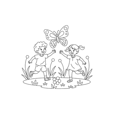Coloriage Enfants et Papillon dans la Prairie