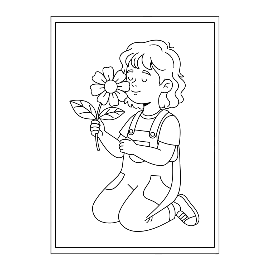 Dibujo para colorear: Niño oliendo una flor silvestre