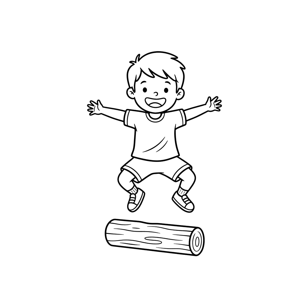 Child Jumping Over a Log Coloring Page