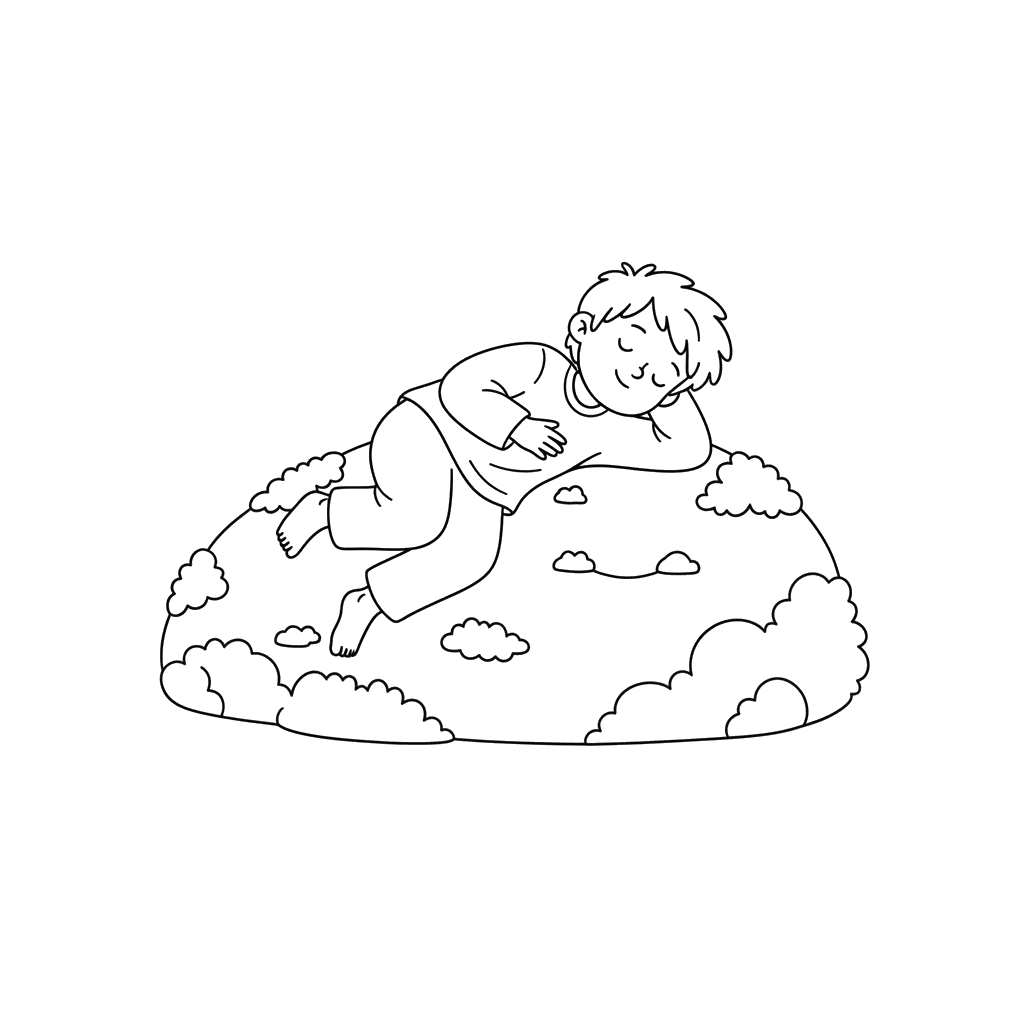 Dibujo para Colorear: Niño Descansando en una Roca Musgosa