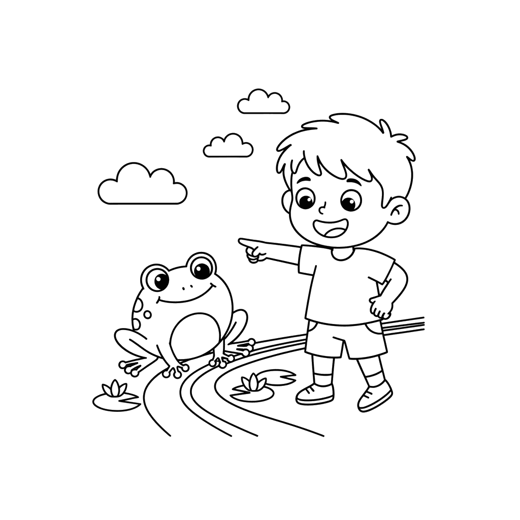 Dibujo para colorear: Niño viendo una rana en el camino