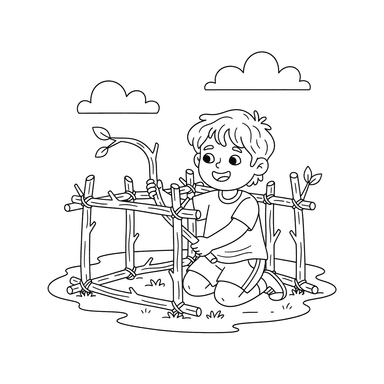 Child Building a Stick Fort Coloring Page