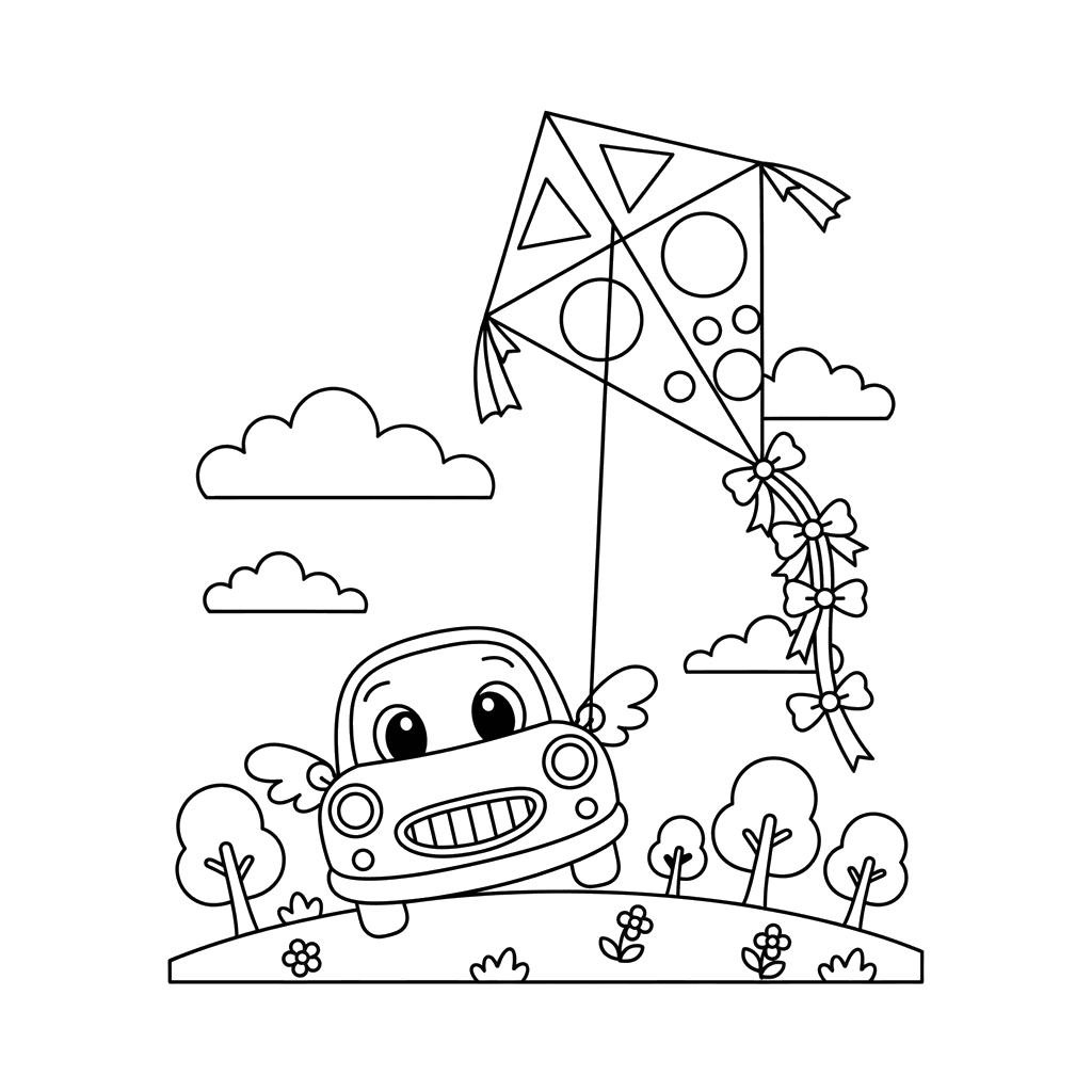Dibujo para colorear: Coche volando una cometa en el parque