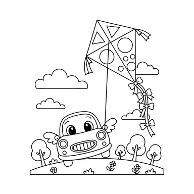 Car Flying a Kite in the Park Coloring Page