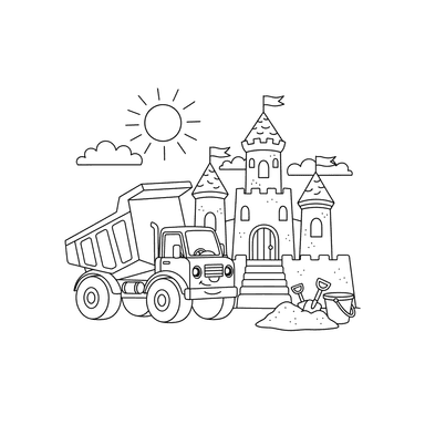 Dump Truck Building a Sandcastle Coloring Page