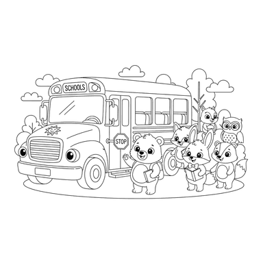 School Bus with Animal Friends Coloring Page