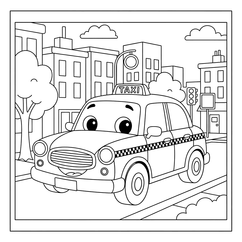 Dibujo para Colorear Taxi en la Ciudad para Niños