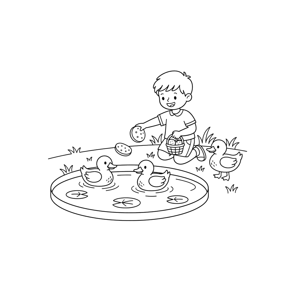 Dibujo para Colorear Niño Dando de Comer a Patos