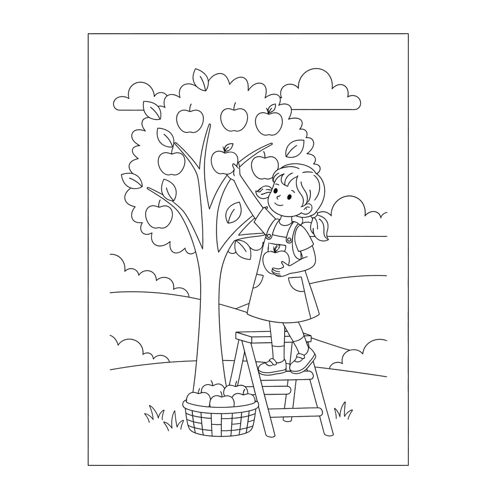 Dibujo para Colorear Niña Recogiendo Manzanas