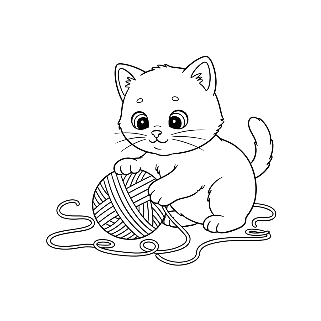 Dibujo para Colorear: Gatito jugando con un ovillo