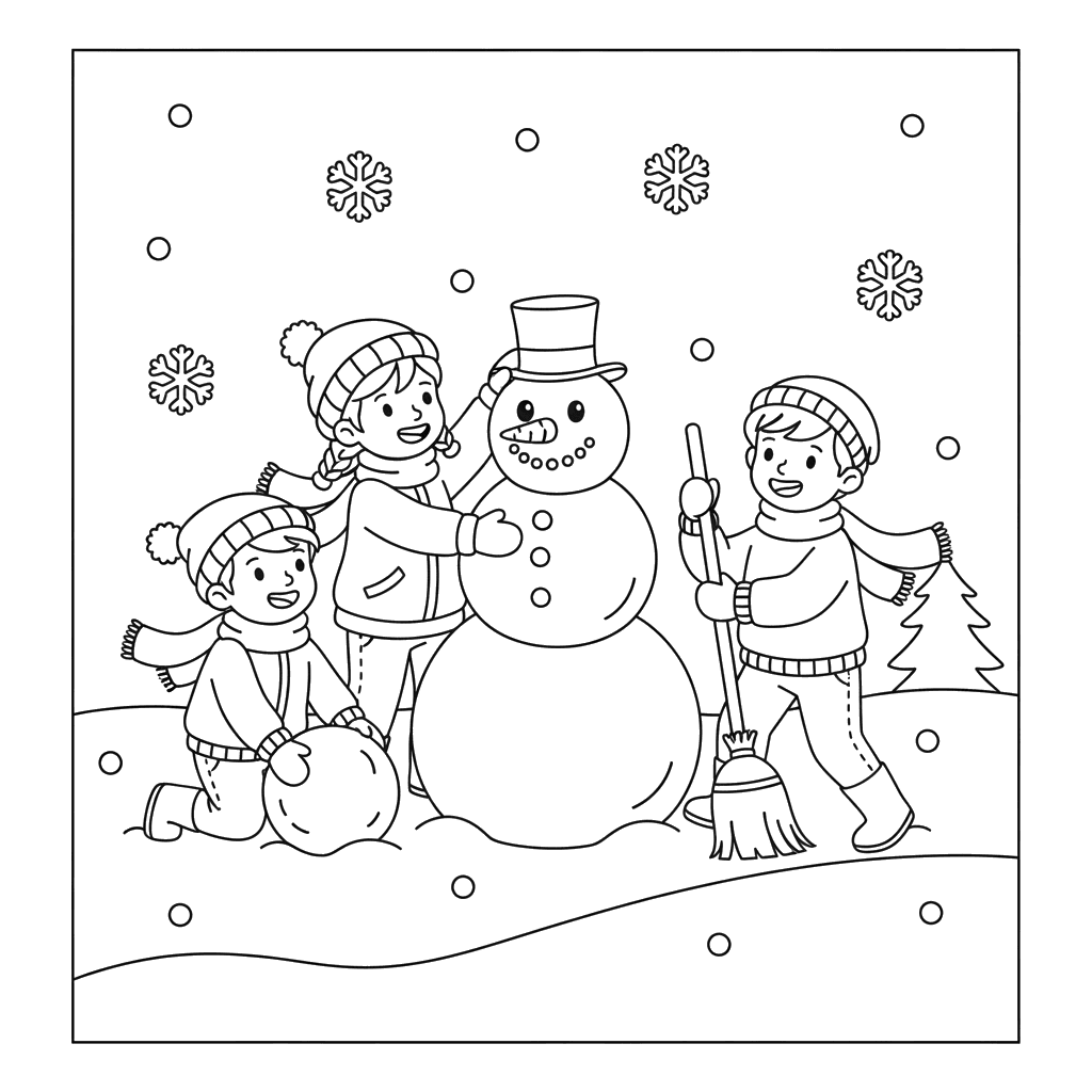 Dibujo para colorear: Niños haciendo un muñeco de nieve