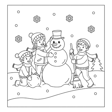 Coloriage: Enfants construisant un bonhomme de neige