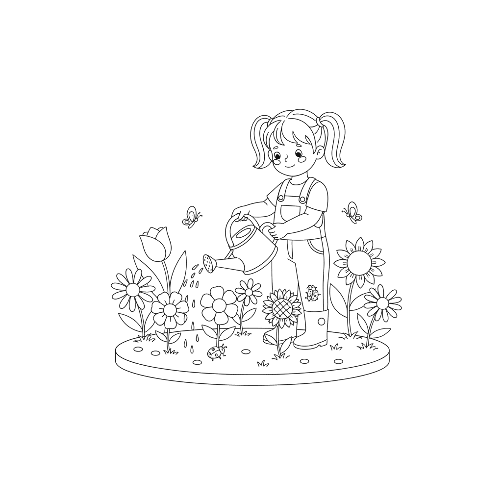 Dibujo para colorear Niña regando flores