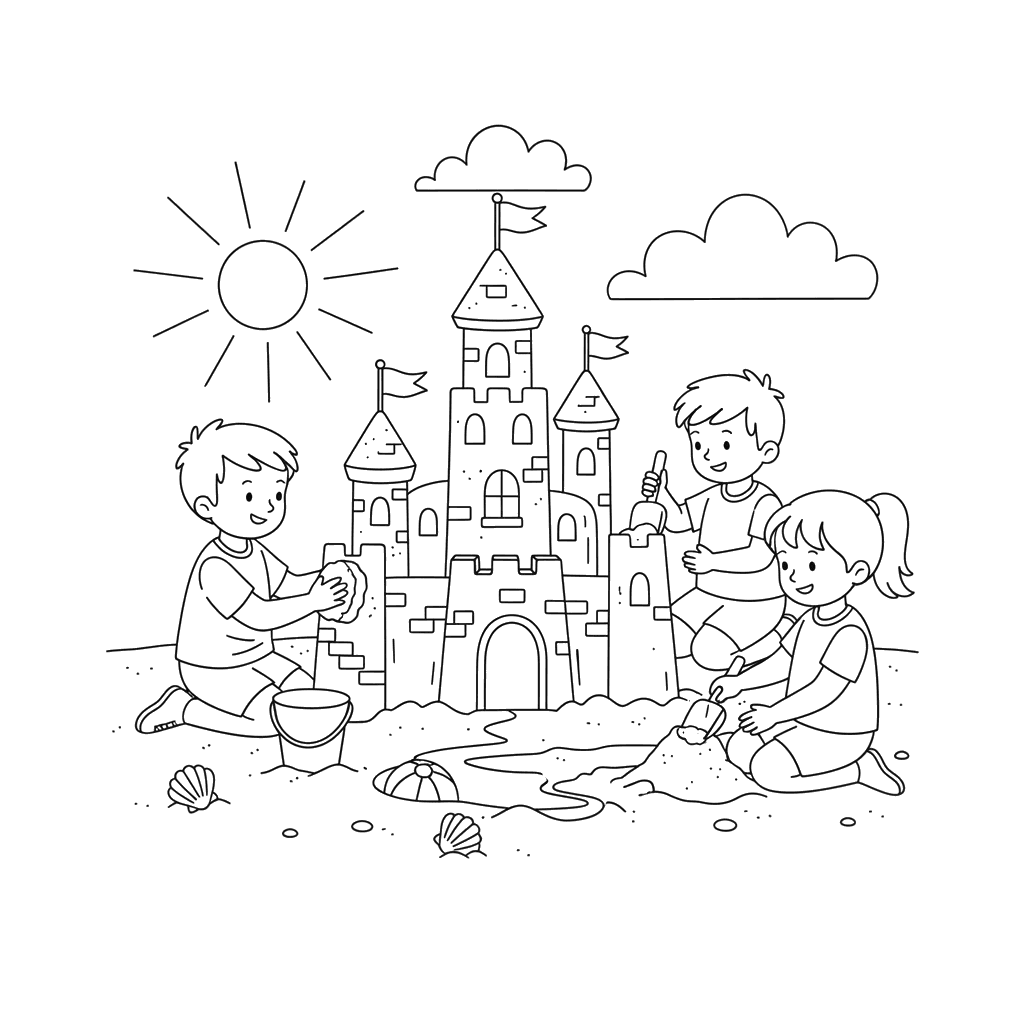 Dibujo para Colorear: Niños Construyendo Castillo de Arena