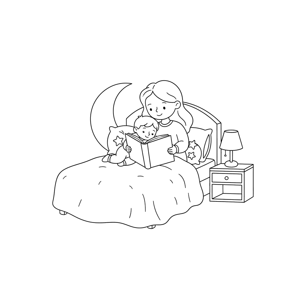 Dibujo para colorear: Mamá leyendo a su hijo antes de dormir
