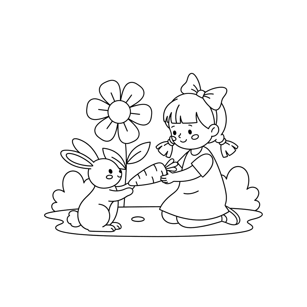 Dibujo para Colorear Niña Alimentando un Conejo con Zanahoria
