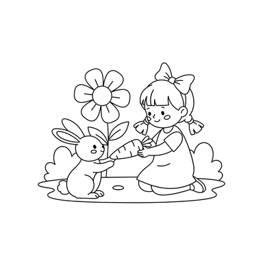 Coloriage Fille Nourrissant un Lapin une Carotte
