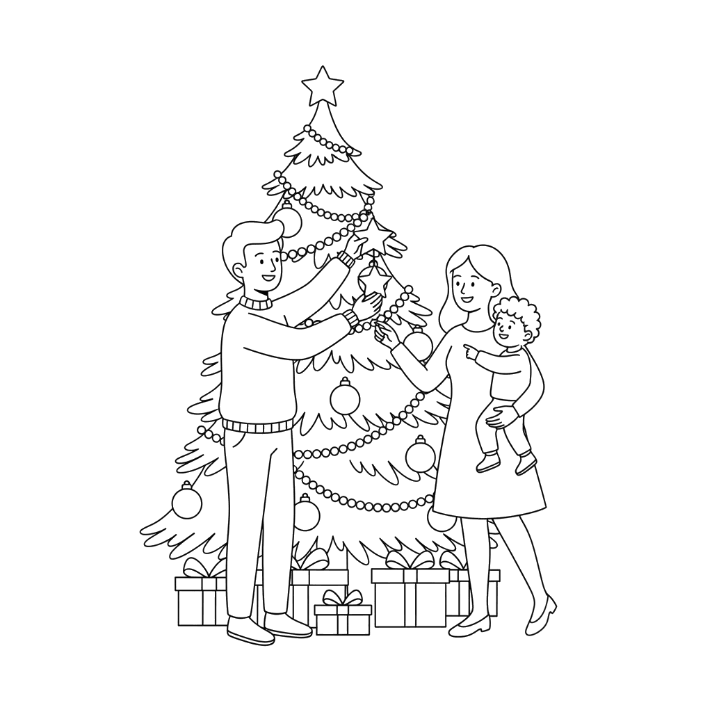 Dibujo para Colorear Familia Decorando Árbol de Navidad