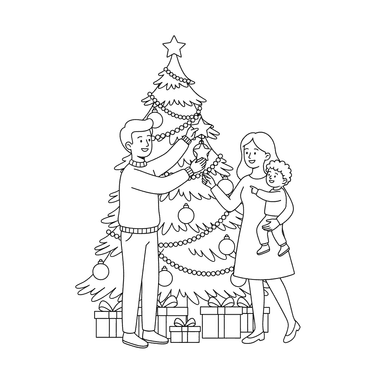 Family Decorating Christmas Tree Coloring Page