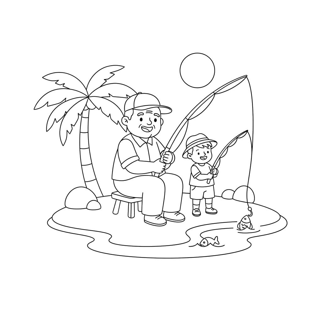 Dibujo para Colorear Abuelo y Nieto Pescando