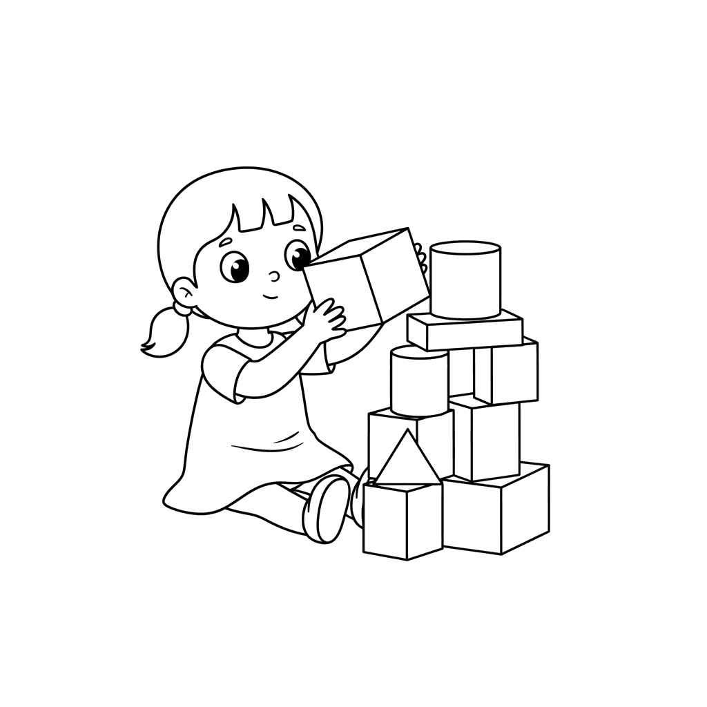 Dibujo para Colorear: Niña Construyendo Torre de Bloques