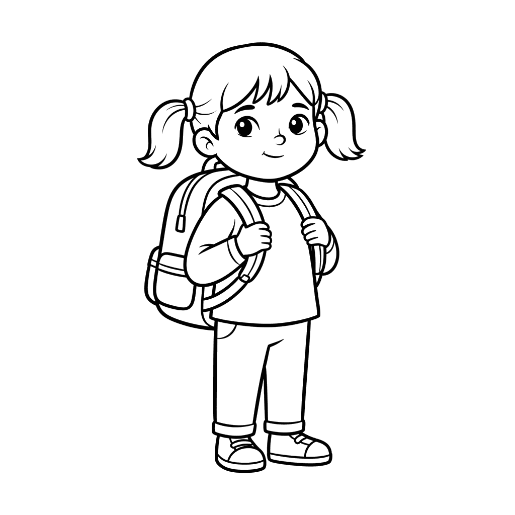 Girl with Backpack Going to School Coloring Page