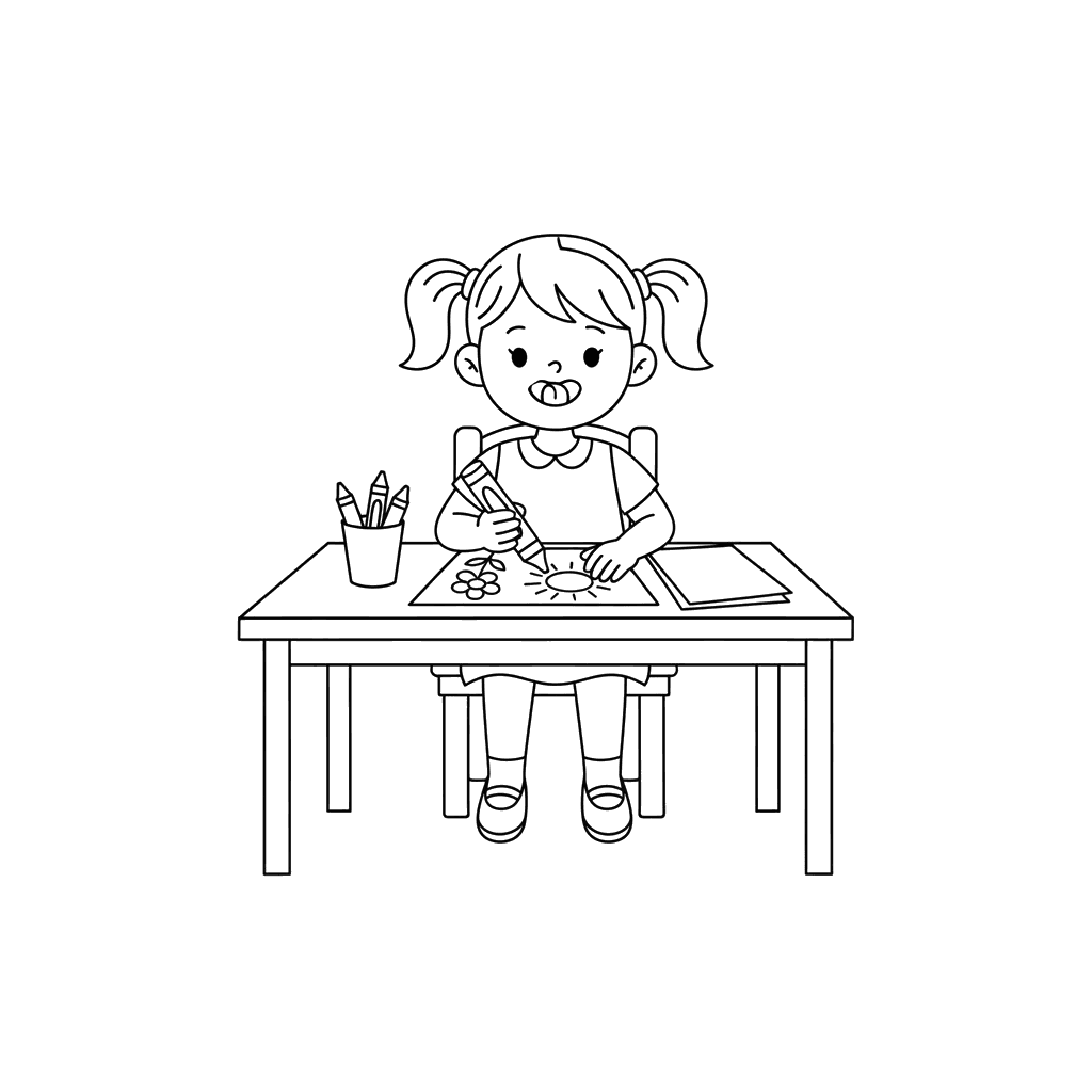 Colo Fille dessine à table