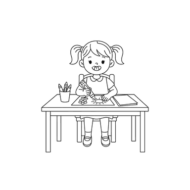 Girl Drawing at a Table Coloring Page