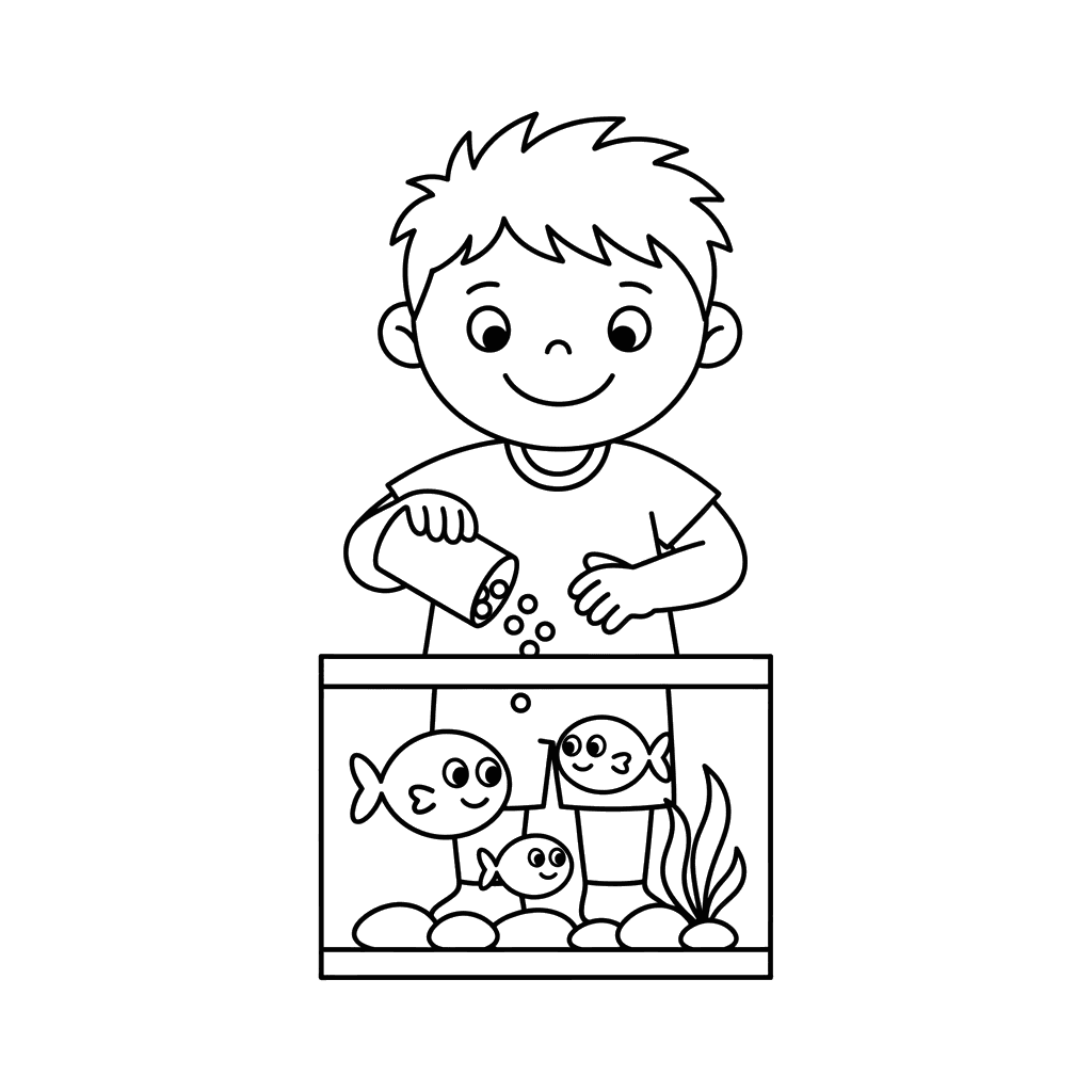 Kind füttert Fische im Aquarium Ausmalbild