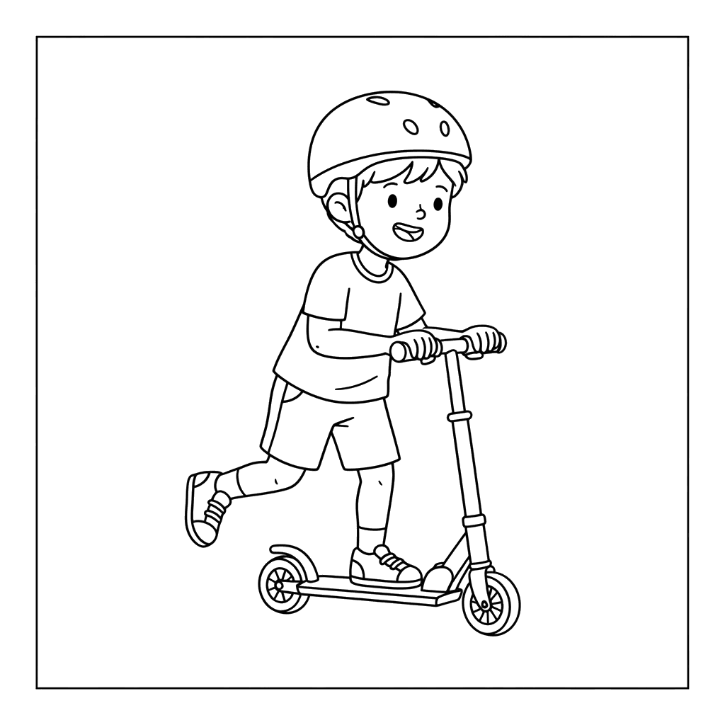 Ausmalbild Junge auf Roller