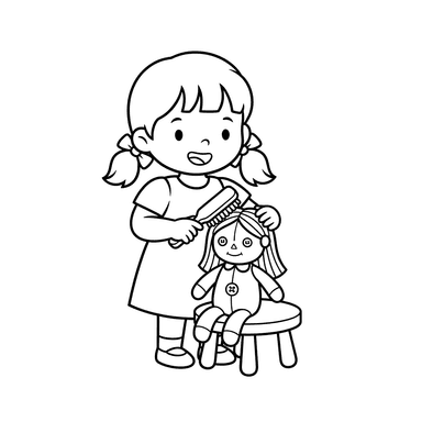 Coloriage Fille brossant sa poupée