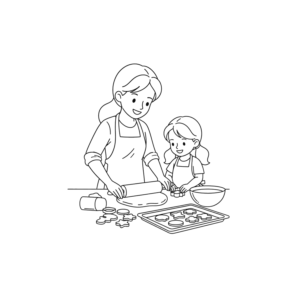 Ausmalbild: Mädchen backt Kekse mit Mama