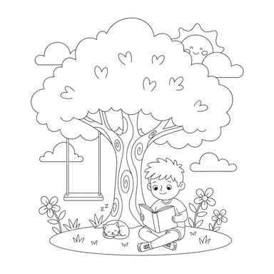 Ausmalbild: Junge liest Buch unter Baum