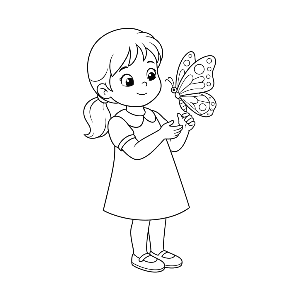 Ausmalbild Mädchen beobachtet einen Schmetterling