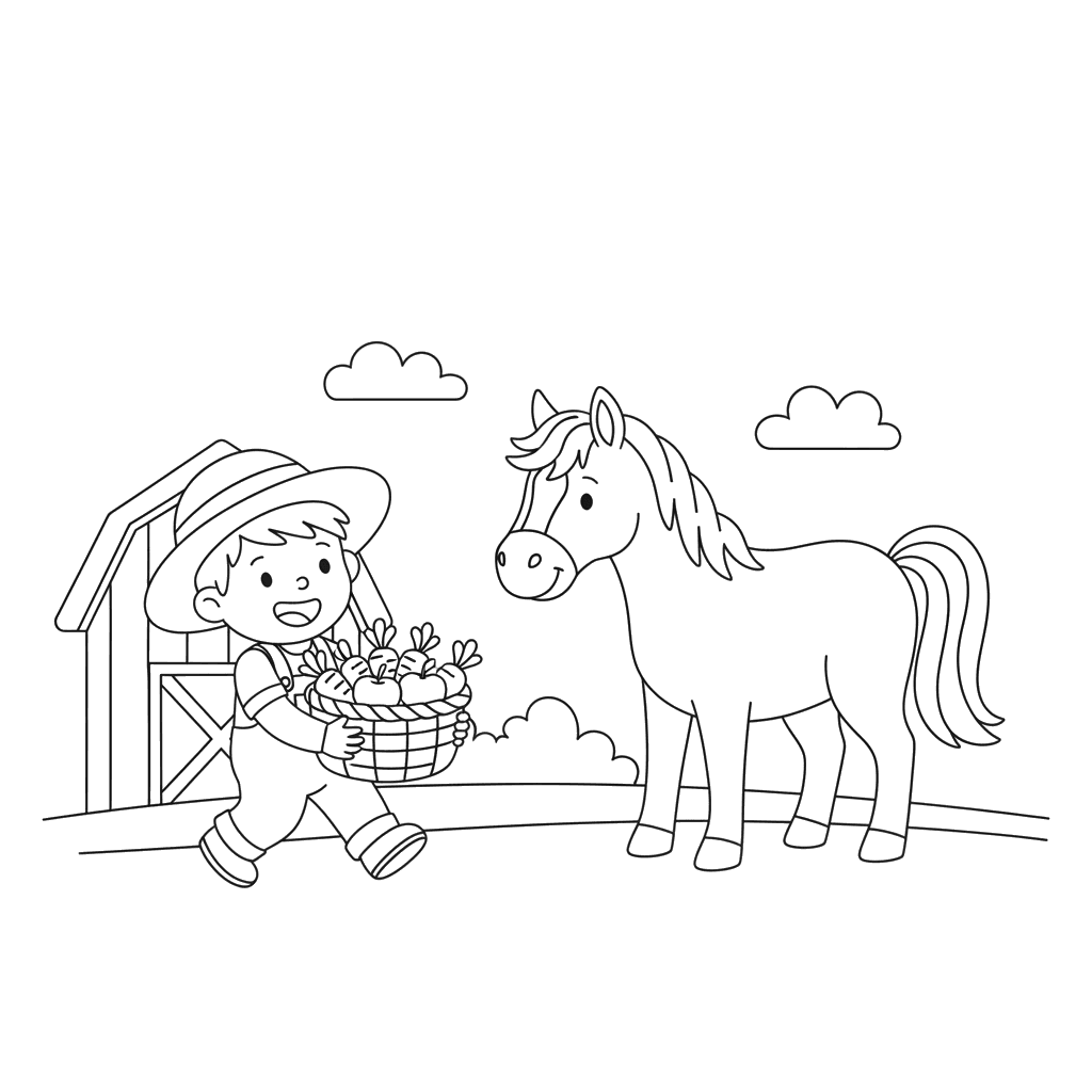 Coloriage Garçon portant de la nourriture pour cheval
