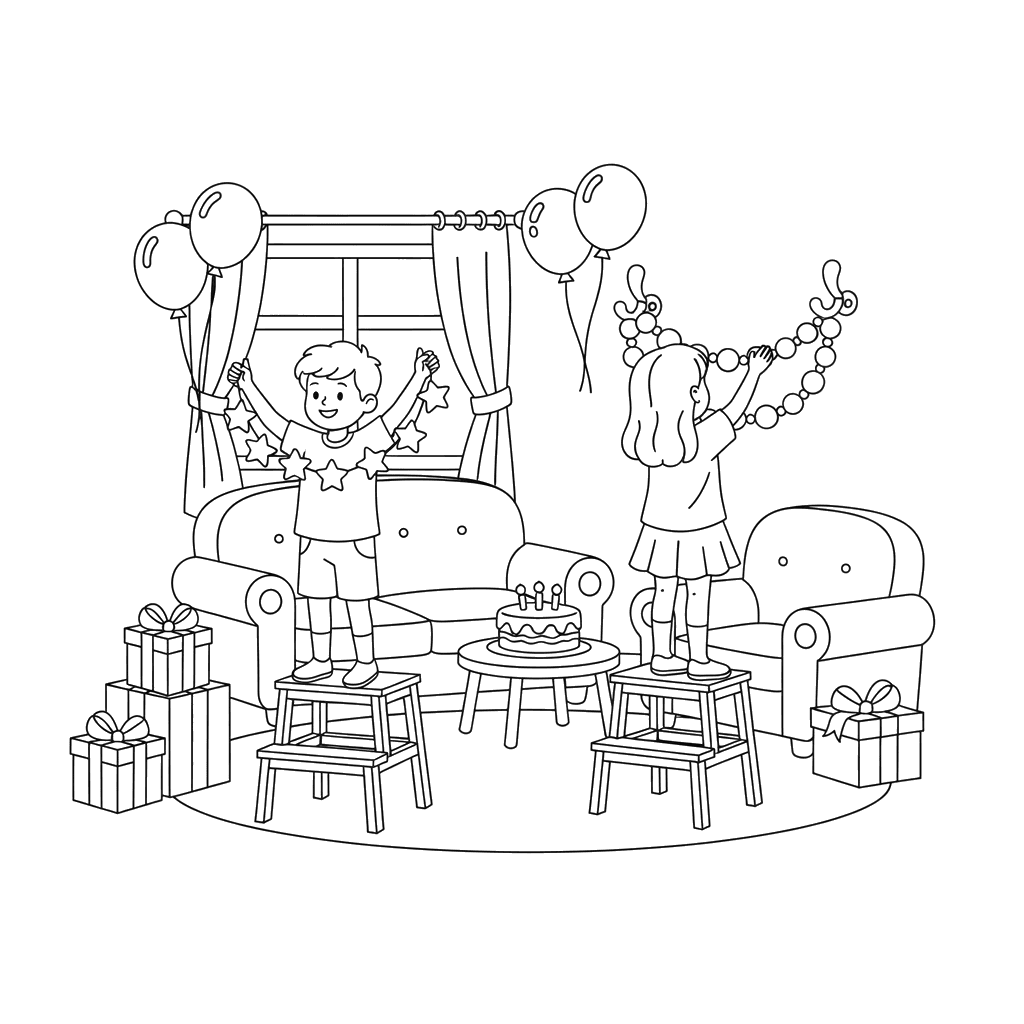 Kids Decorating Room with Garlands Coloring Page