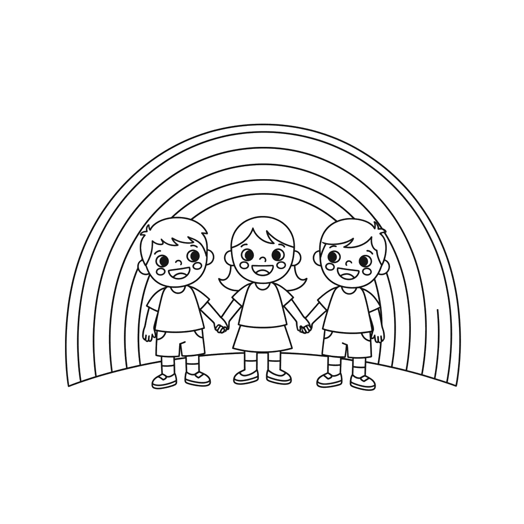 Children Looking at a Rainbow Coloring Page